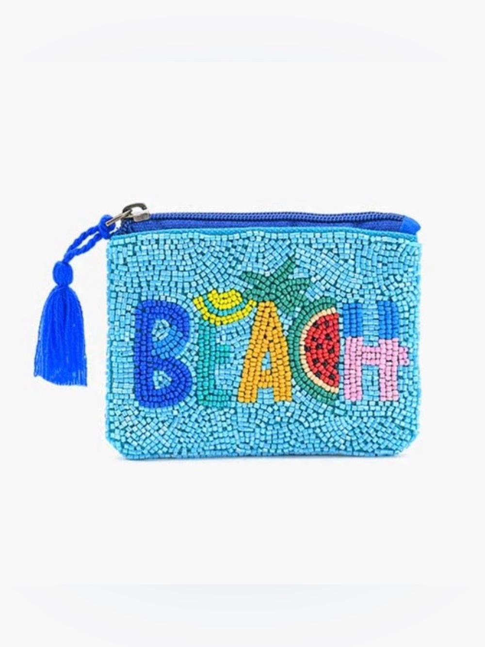 America & Beyond Beaded 'BEACH' Zip Coin Pouch in Turquoise Blue
